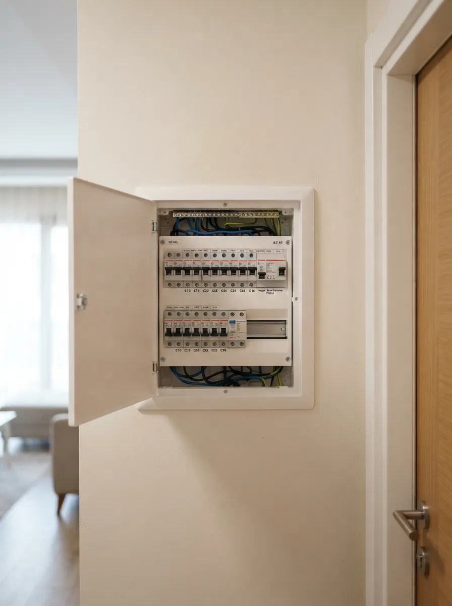 Daire girişinde duvara monte elektrik panosu