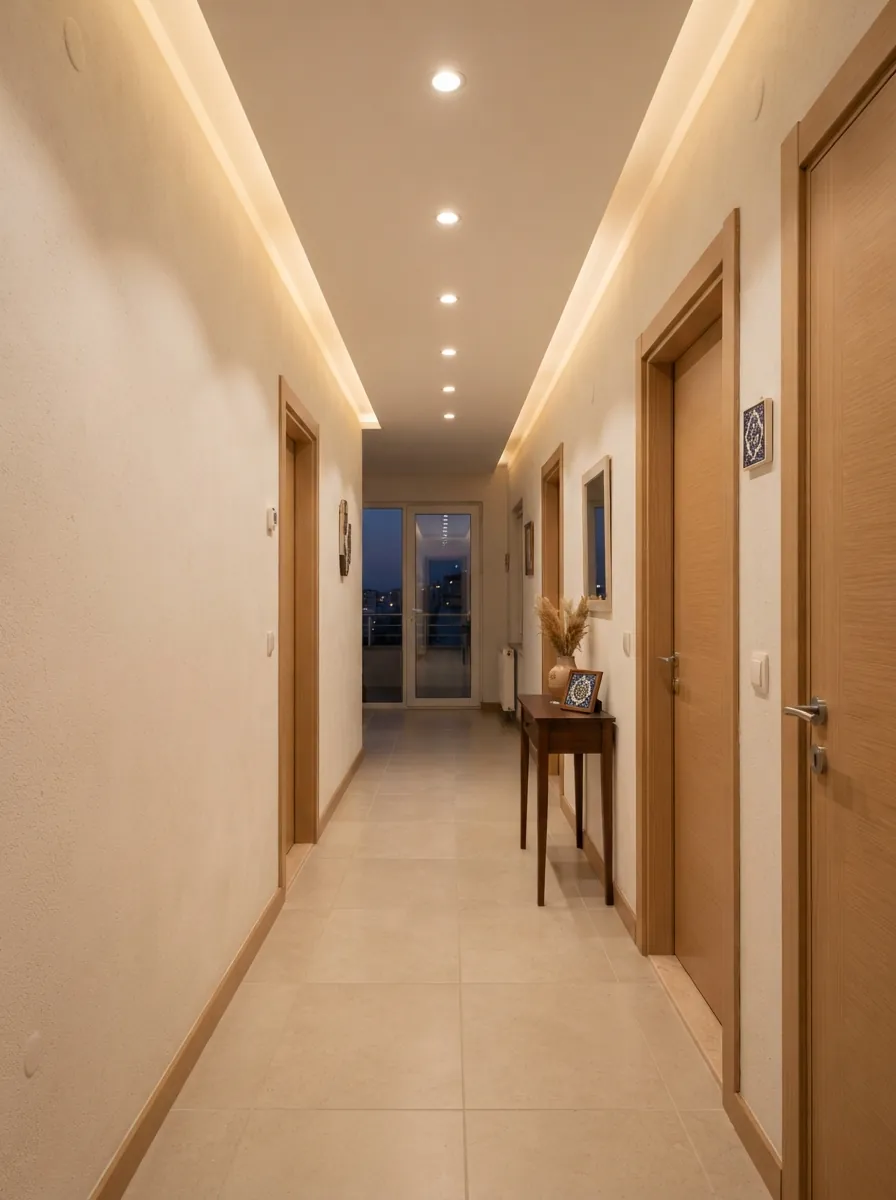 Tavan spotları ve LED ışıklarla aydınlatılan koridor