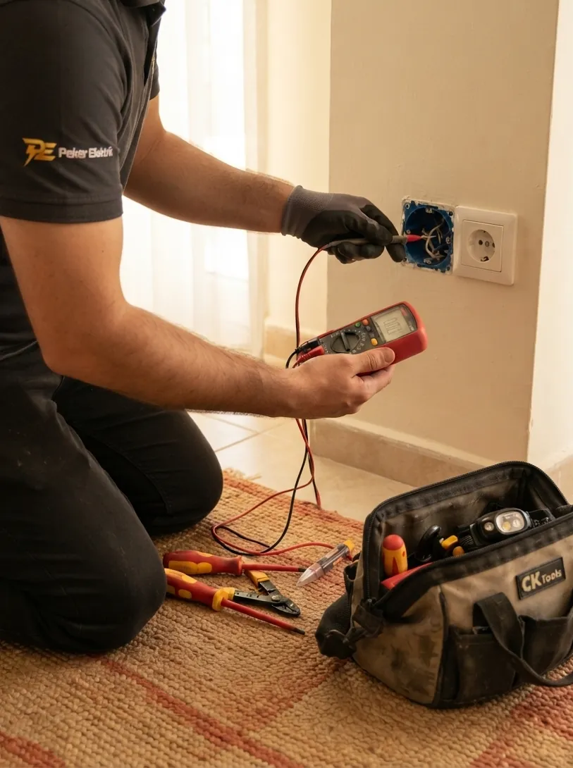 Duvar prizinde ölçüm yapan elektrik teknisyeni